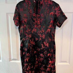 Black & Red Floral Chinese-Style Satin Dress